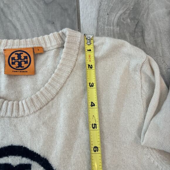 Tory Burch Sweater Womens Small Wool Cashmere Blend Tory Logo Cream Crew - Picture 6 of 8